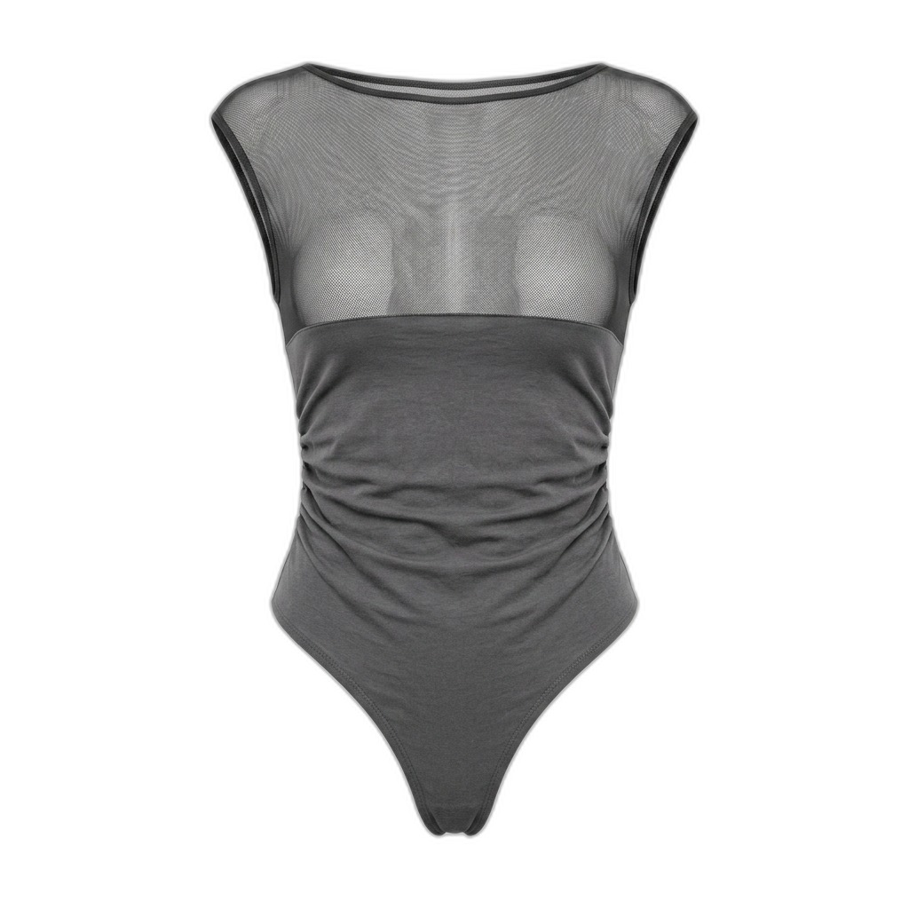 Sheer Mesh Panel Ruched Bodysuit for Women