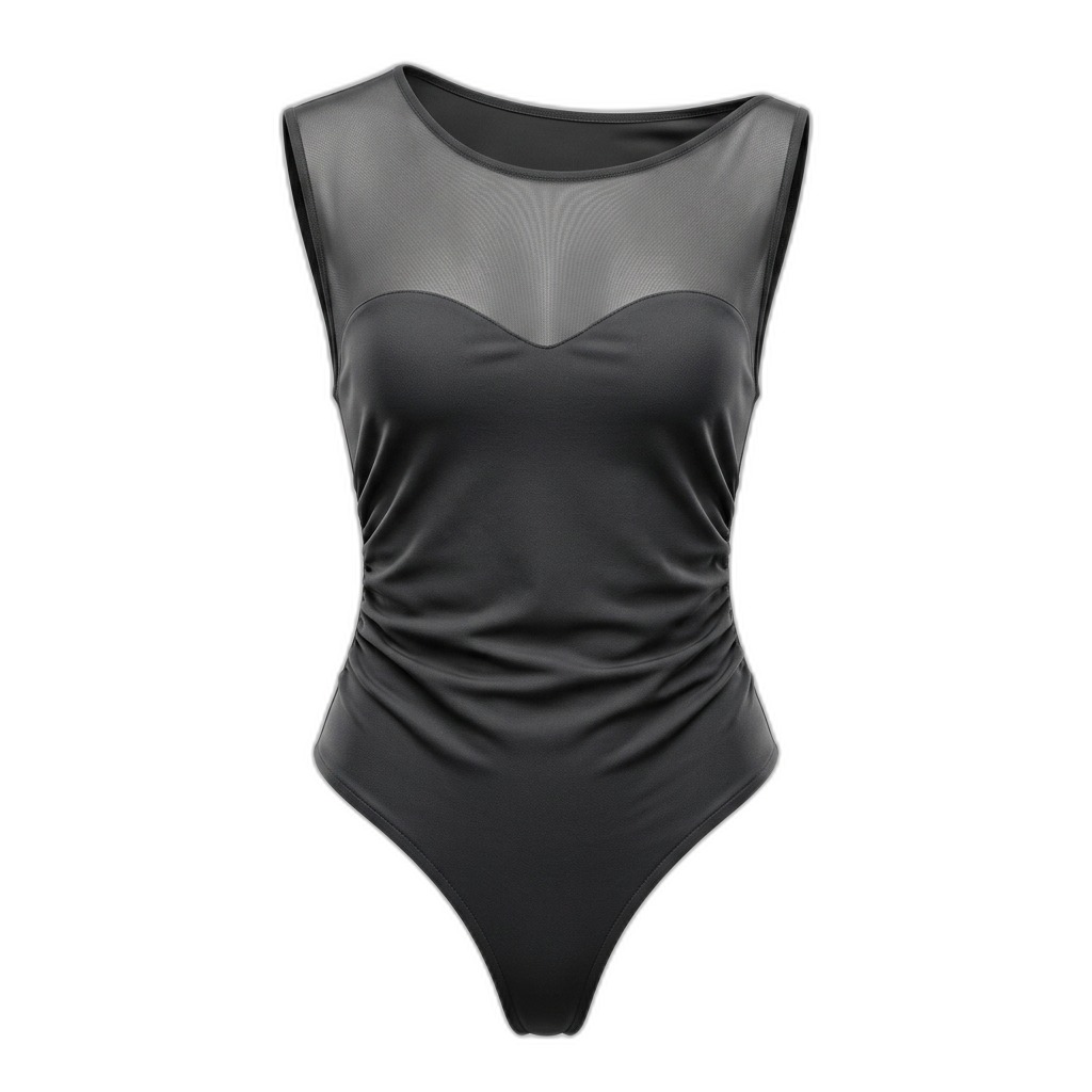 Black Mesh Panel Ruched Bodysuit for Women