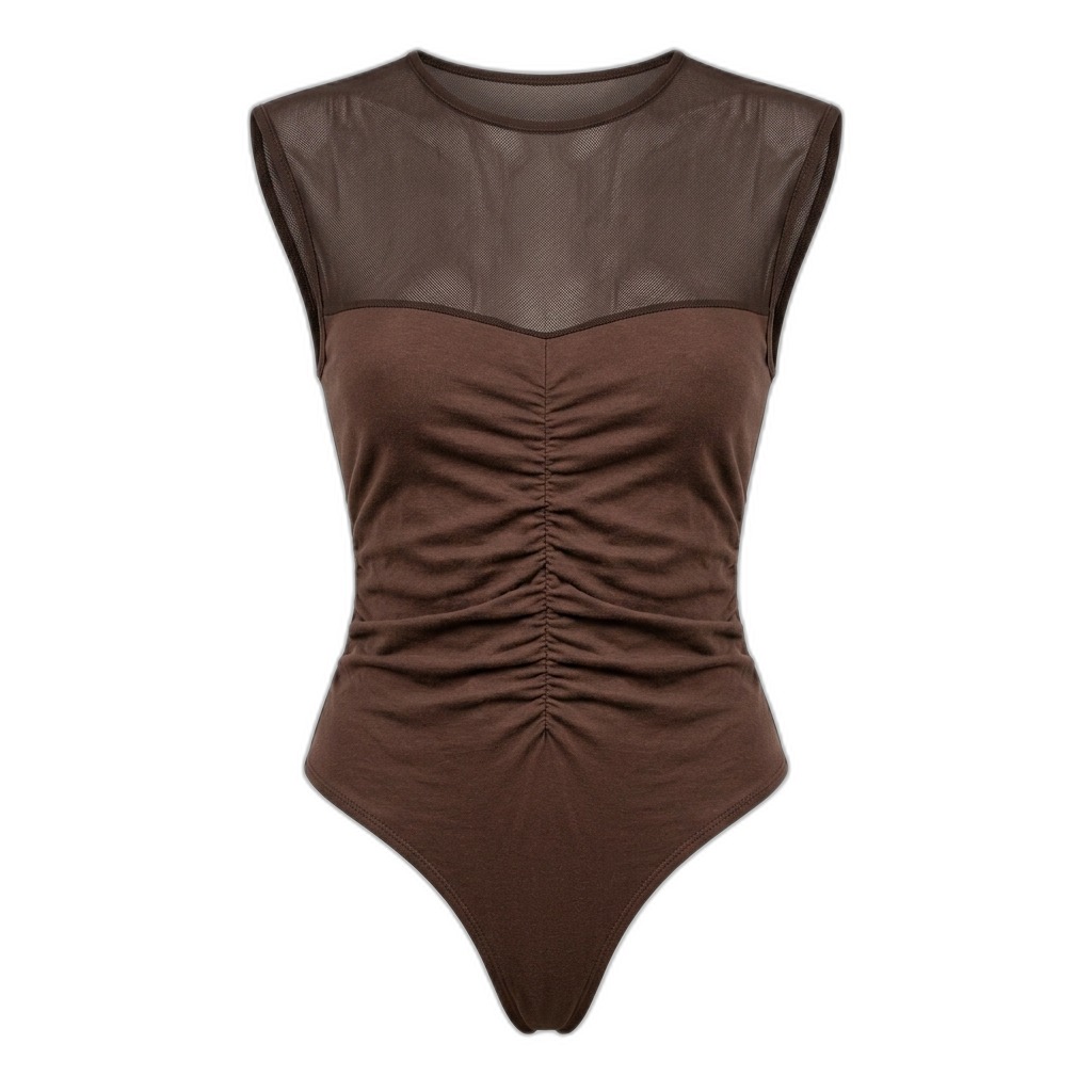 Women's Ruched Mesh Panel Bodysuit - Brown