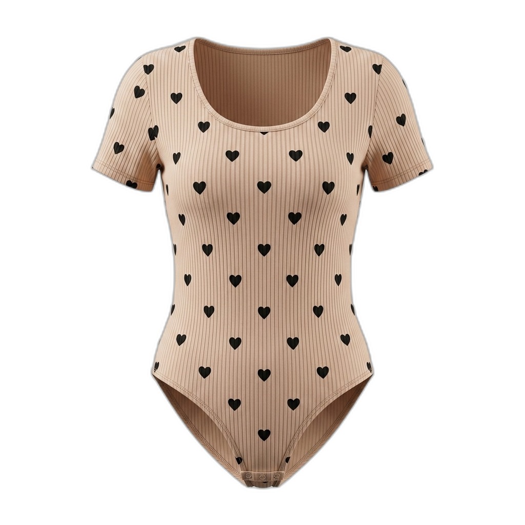 Heart Print Ribbed Short Sleeve Bodysuit