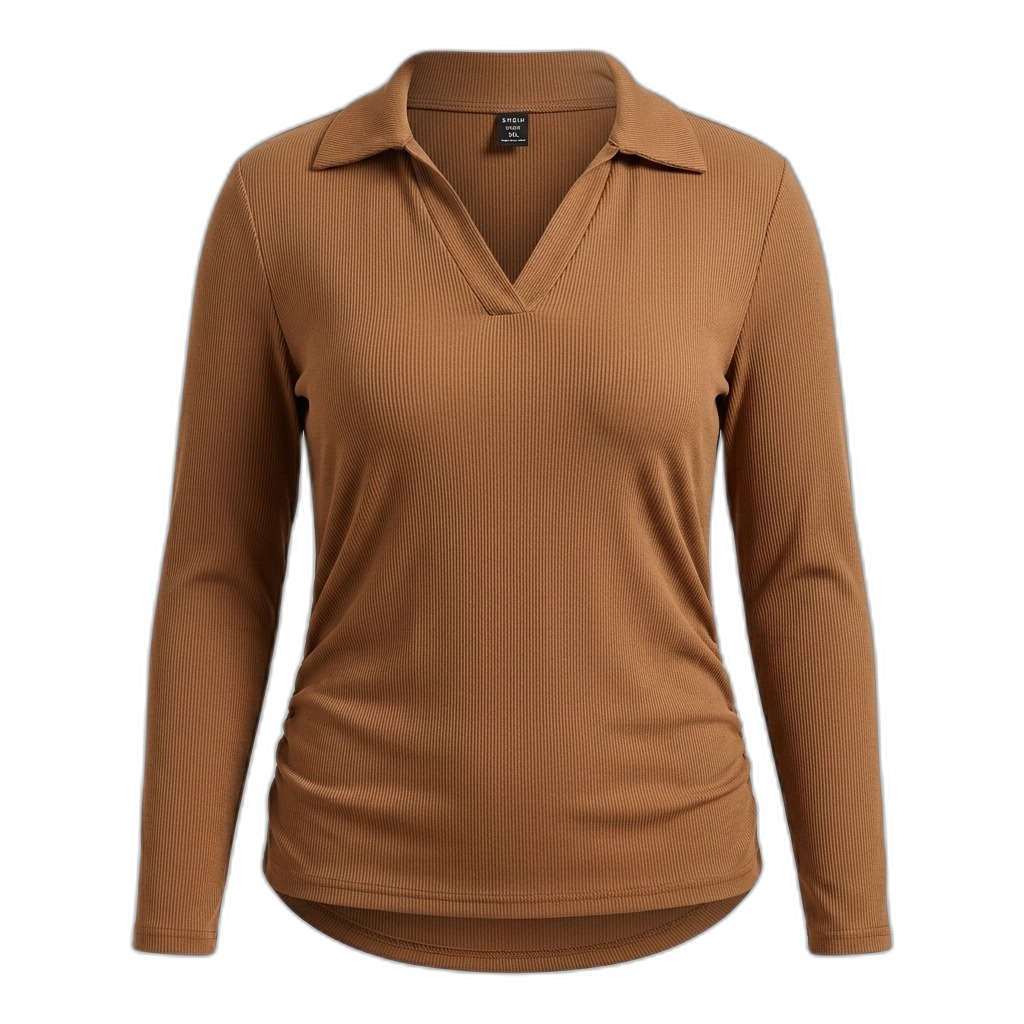 Women's Ribbed V-Neck Long Sleeve Polo Top