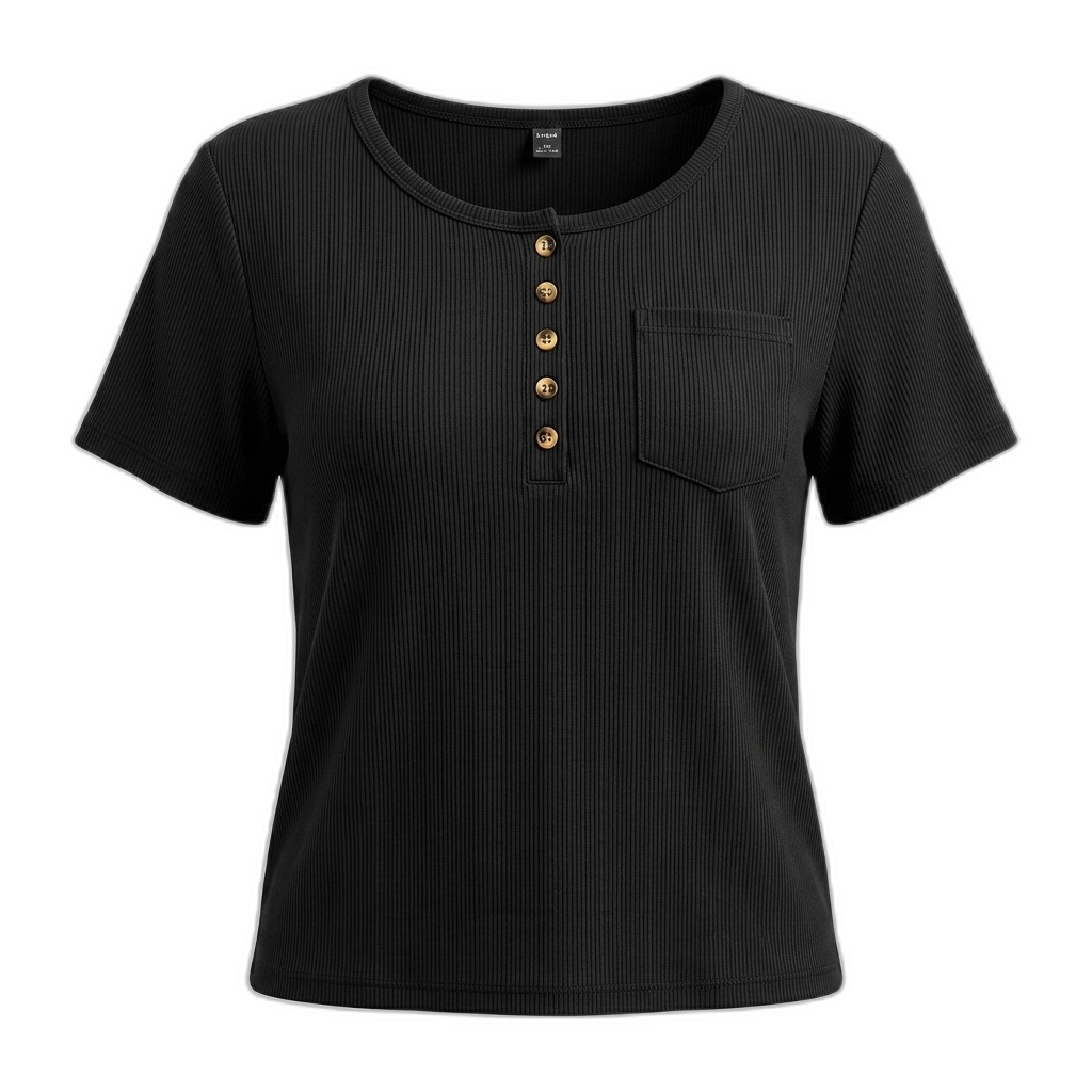 Black Ribbed Henley T-Shirt with Pocket