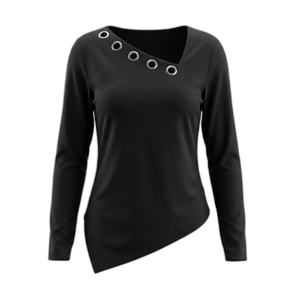 Black Asymmetrical Eyelet Top for Women