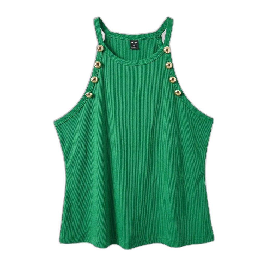 Green Ribbed Halter Neck Tank Top Gold Buttons