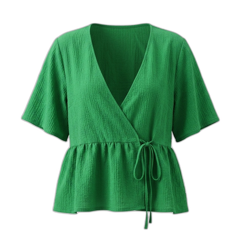 Green Textured V-Neck Wrap Peplum Top
