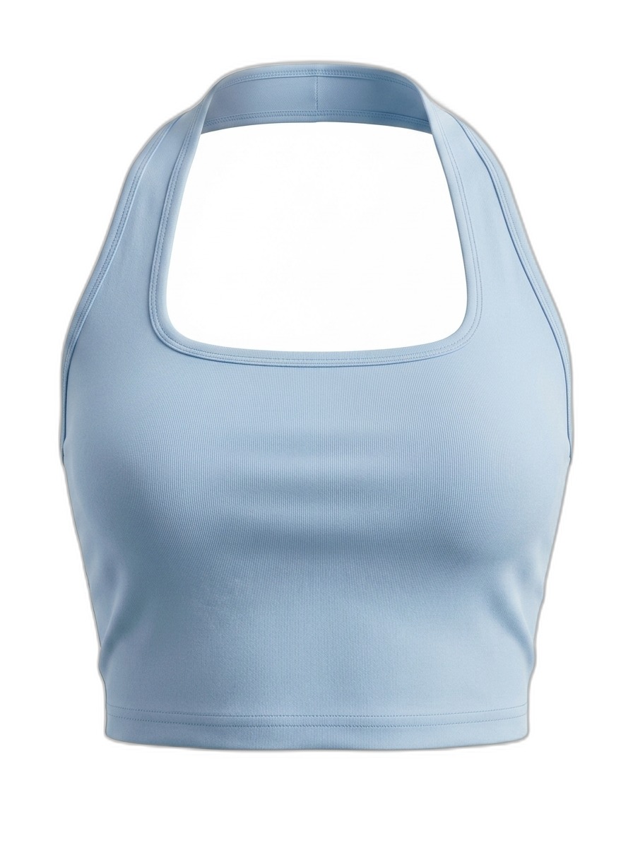 Light Blue Ribbed Halter Neck Crop Top for Women