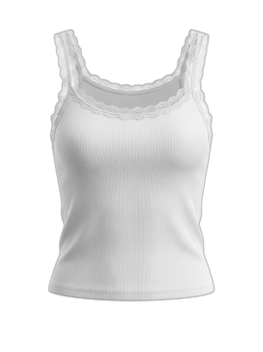 Women's White Ribbed Lace Camisole Tank Top