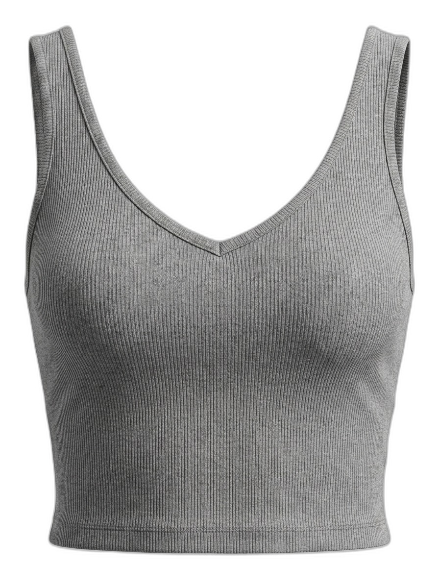 Women's Grey Ribbed V-Neck Sleeveless Crop Top