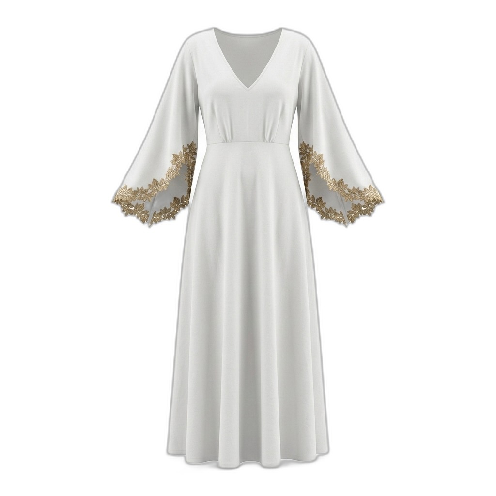 White V-Neck Maxi Dress with Gold Embroidery