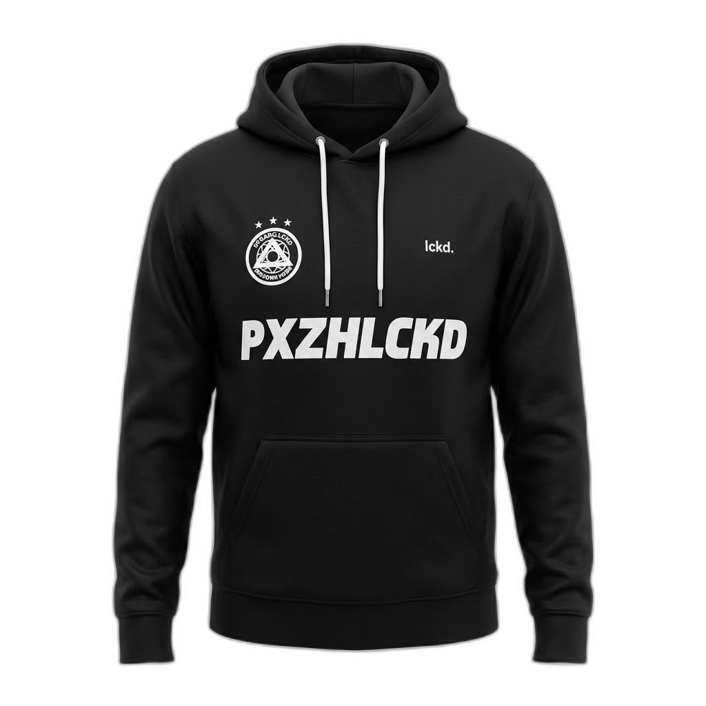 Black Graphic Hoodie with PXZHLCKD Print