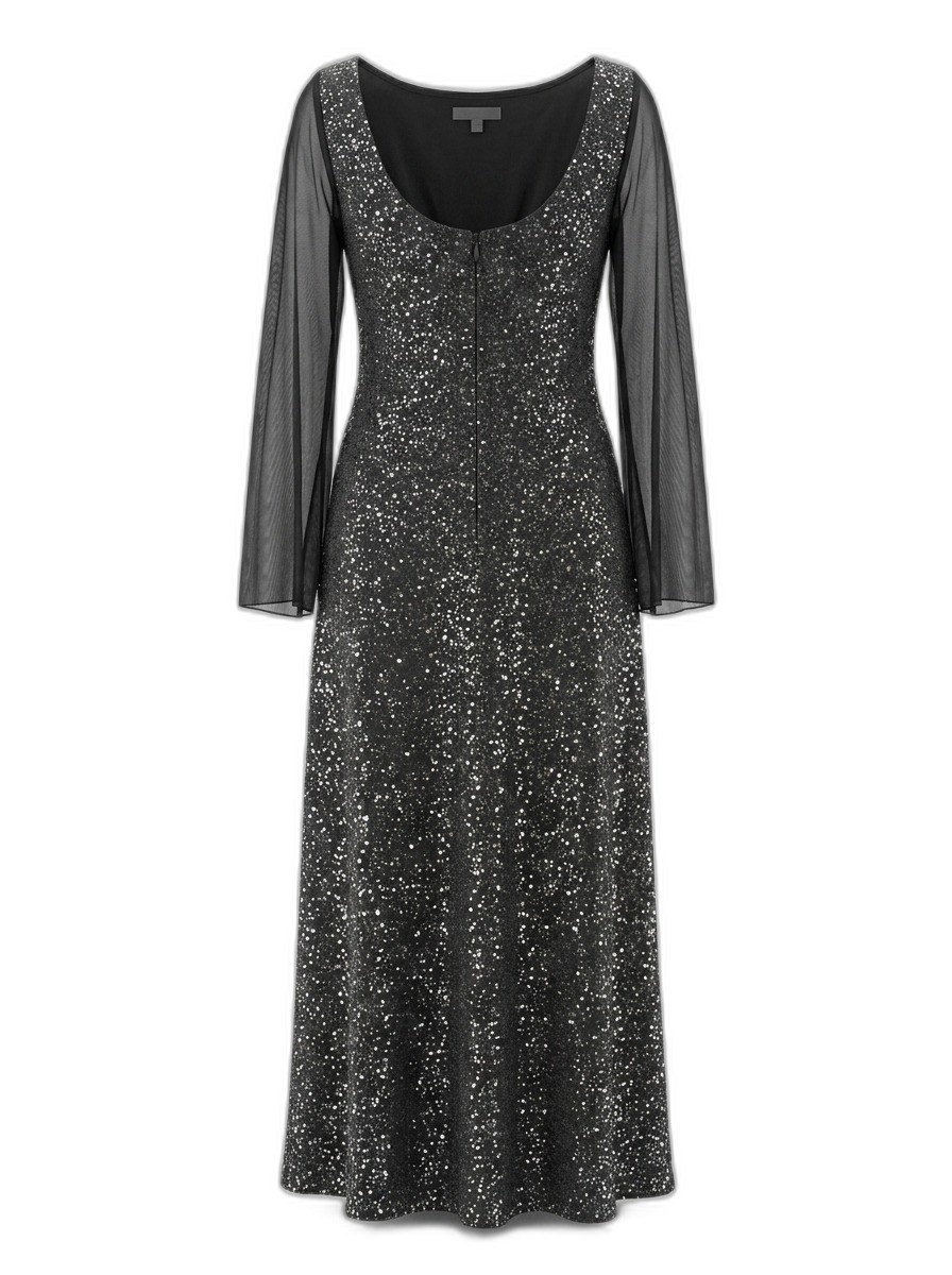 Black Sequin Maxi Dress with Sheer Sleeves