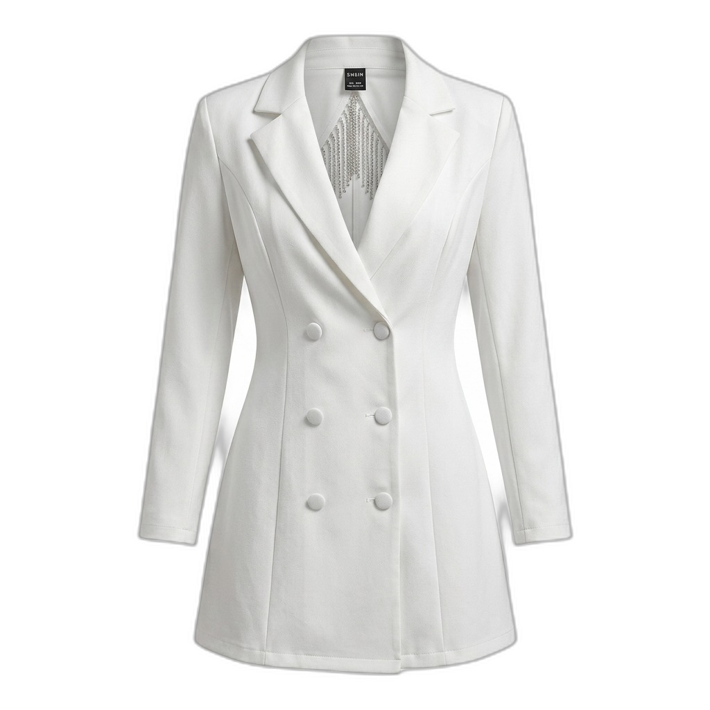 White Double-Breasted Blazer Dress with Chain
