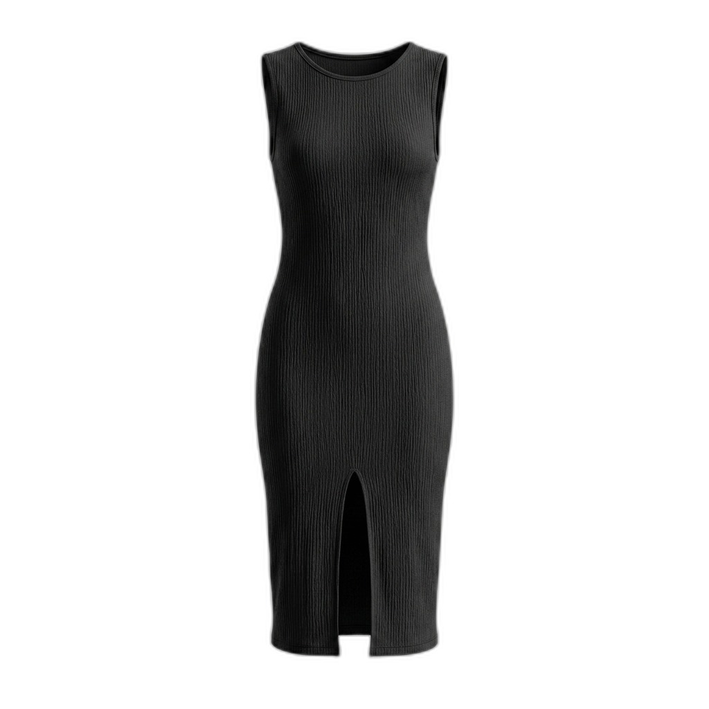 Black Ribbed Sleeveless Midi Dress