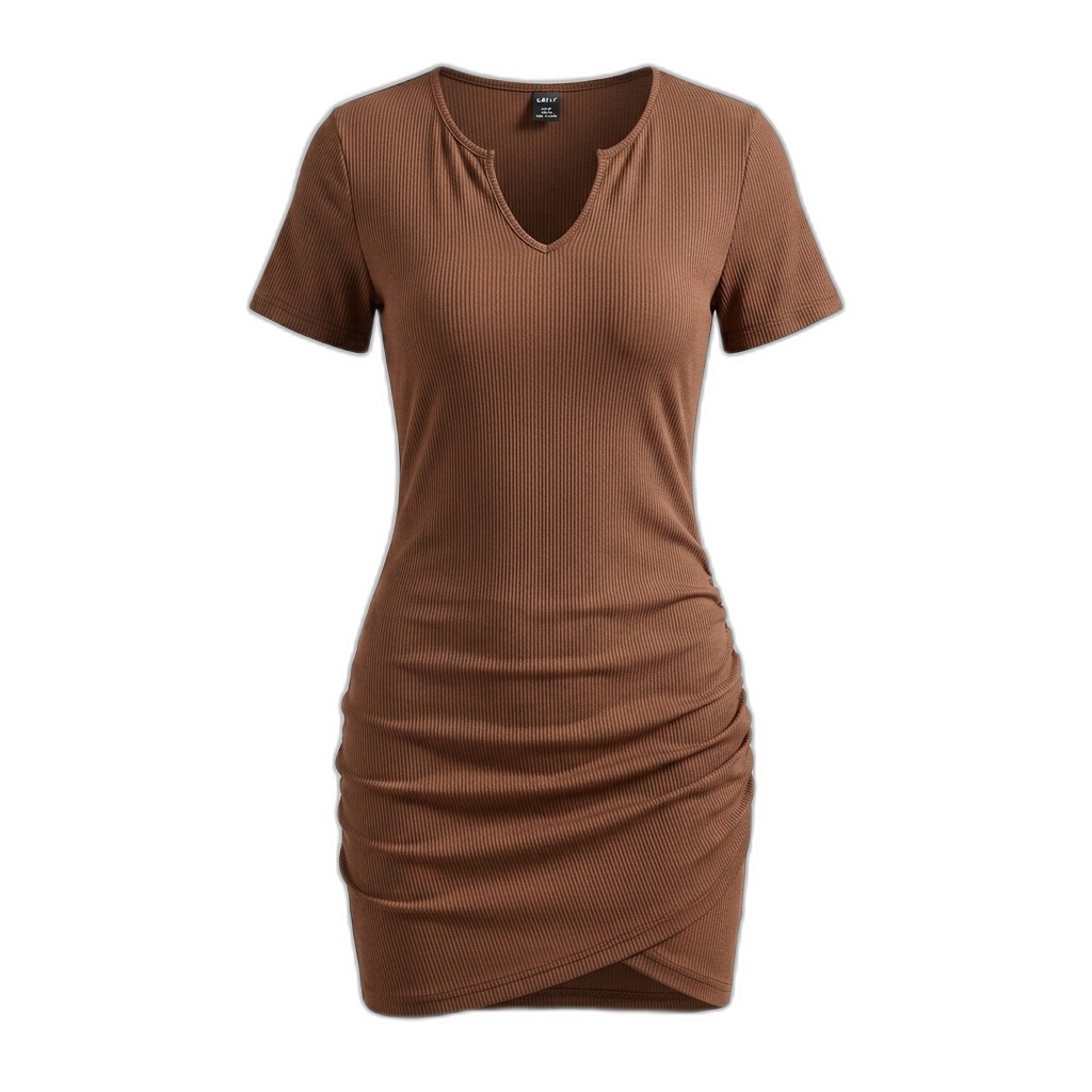 Brown Ribbed V-Neck Ruched Bodycon Dress