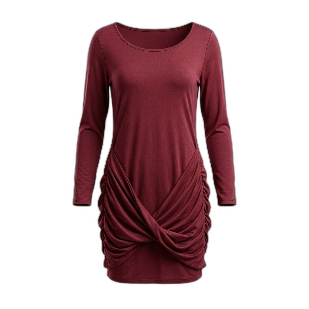 Maroon Ruched Long Sleeve Mini Dress