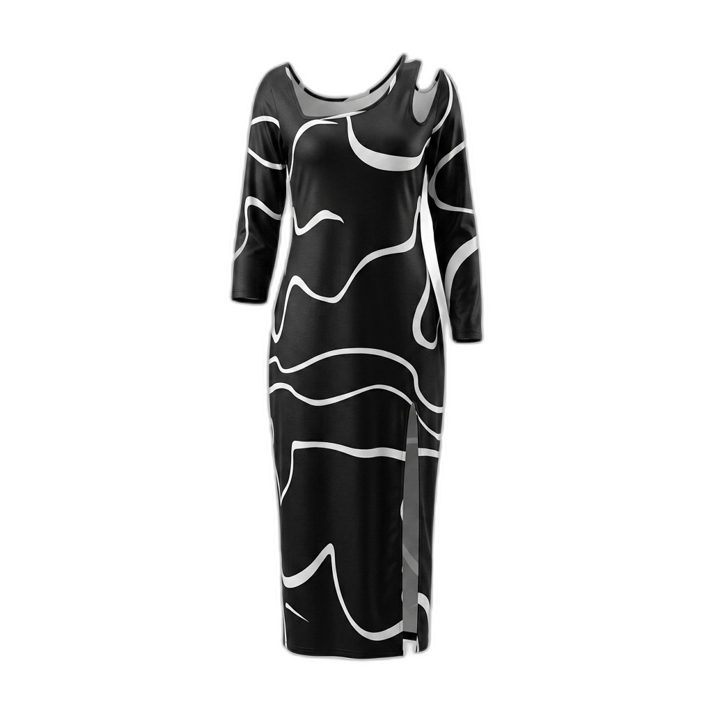 Abstract Print Long Sleeve Midi Dress