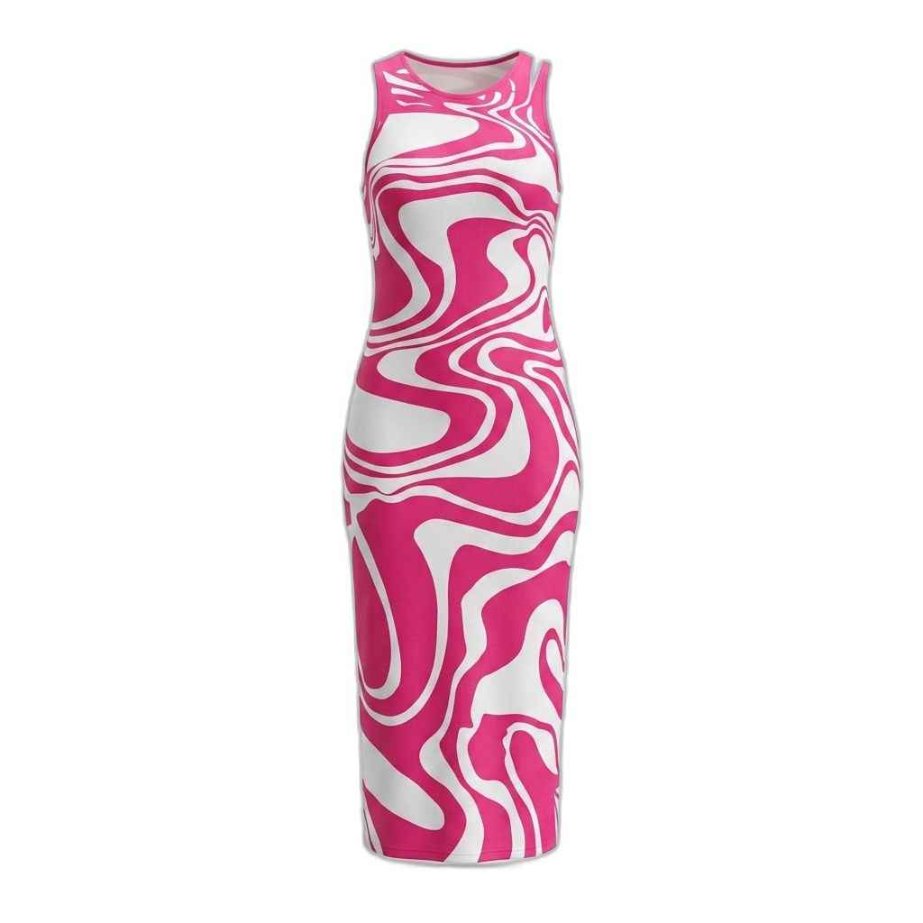 Pink & White Swirl Print Bodycon Maxi Dress