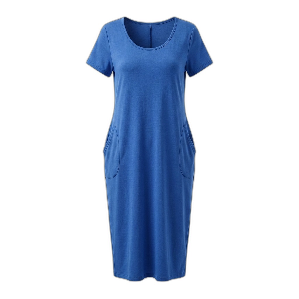 Women's Casual Blue Midi T-Shirt Dress with Pockets