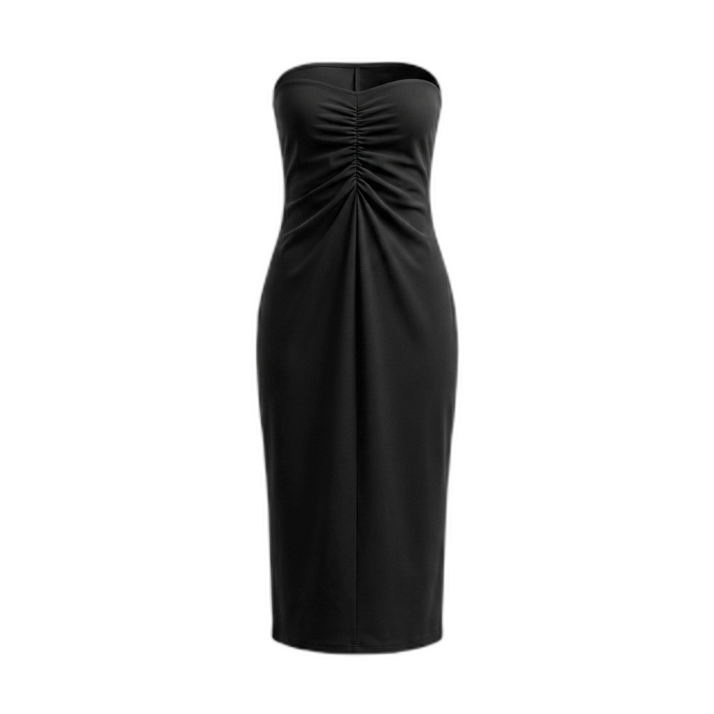 Black Ruched Strapless Midi Bodycon Dress