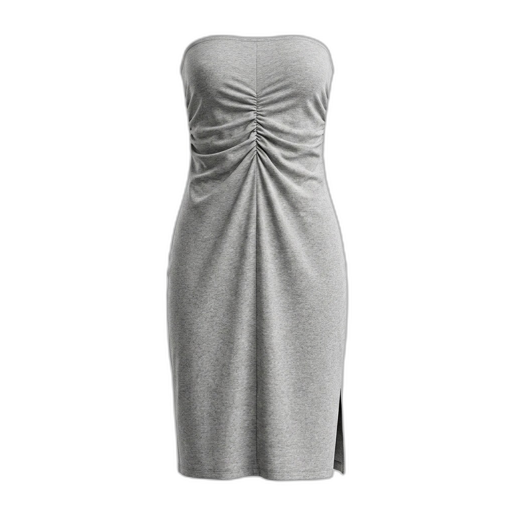 Grey Strapless Ruched Midi Dress for Women