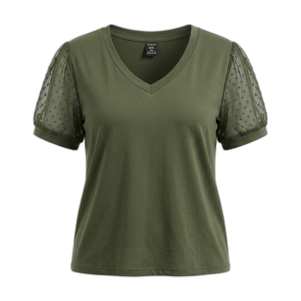 Women's Olive Green V-Neck Sheer Puff Sleeve Top