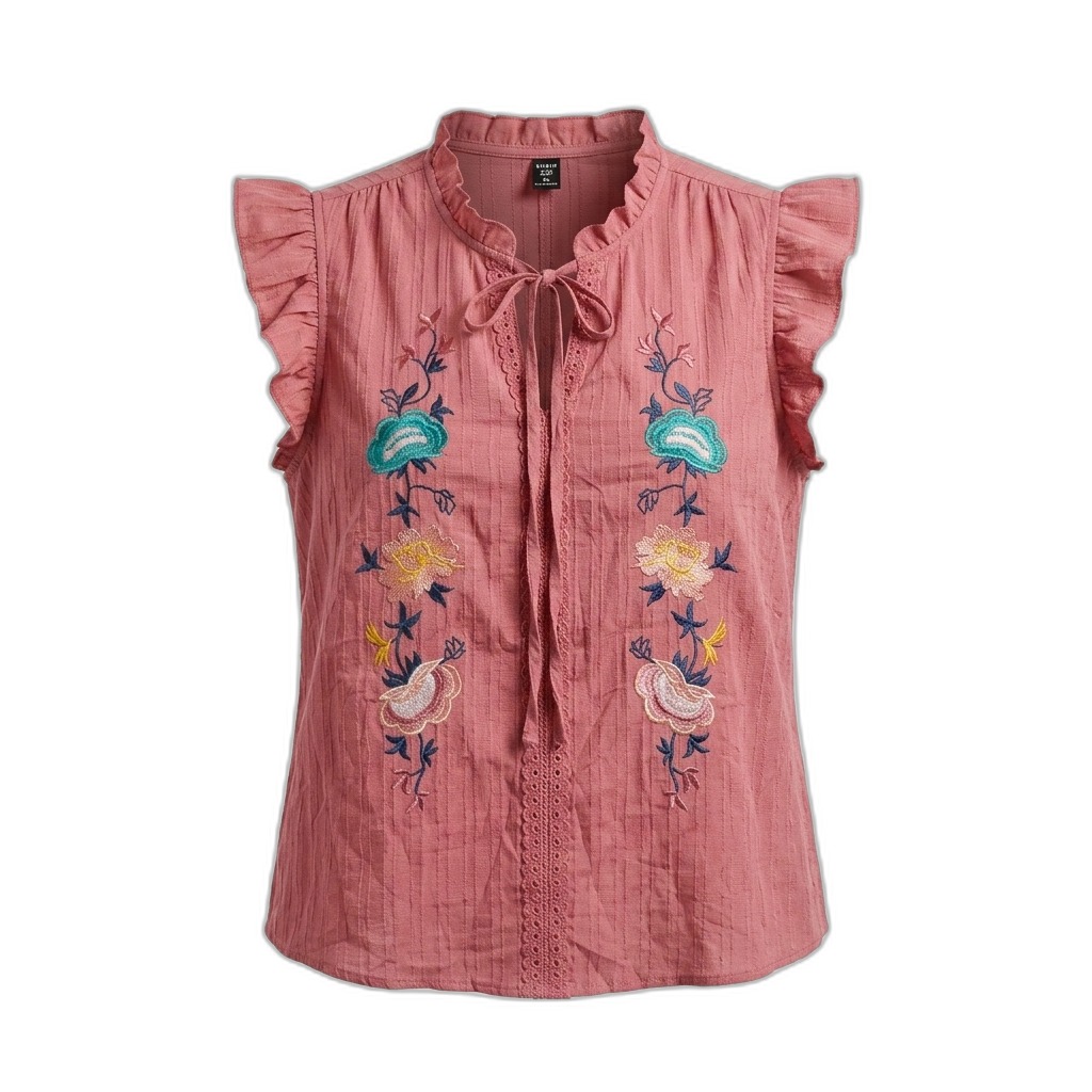 Embroidered Ruffle Sleeve Tie-Neck Top for Women