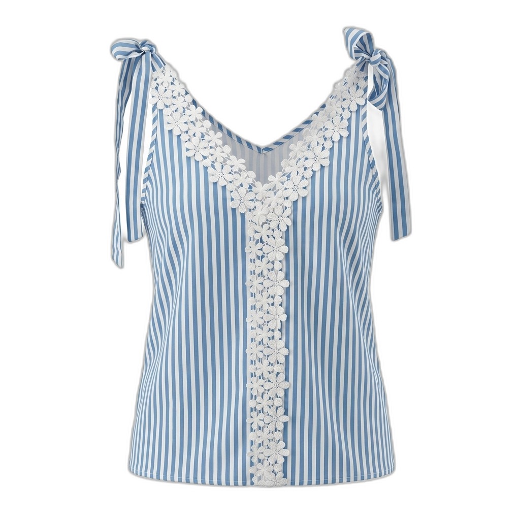 Striped Tie-Shoulder Cami Top with Lace Trim