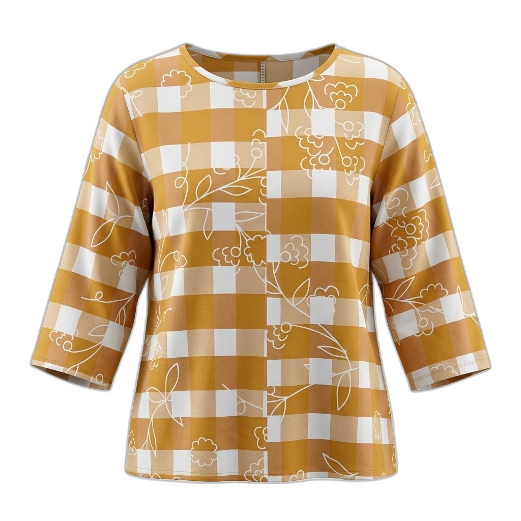 Gingham Floral Print 3/4 Sleeve Top for Women