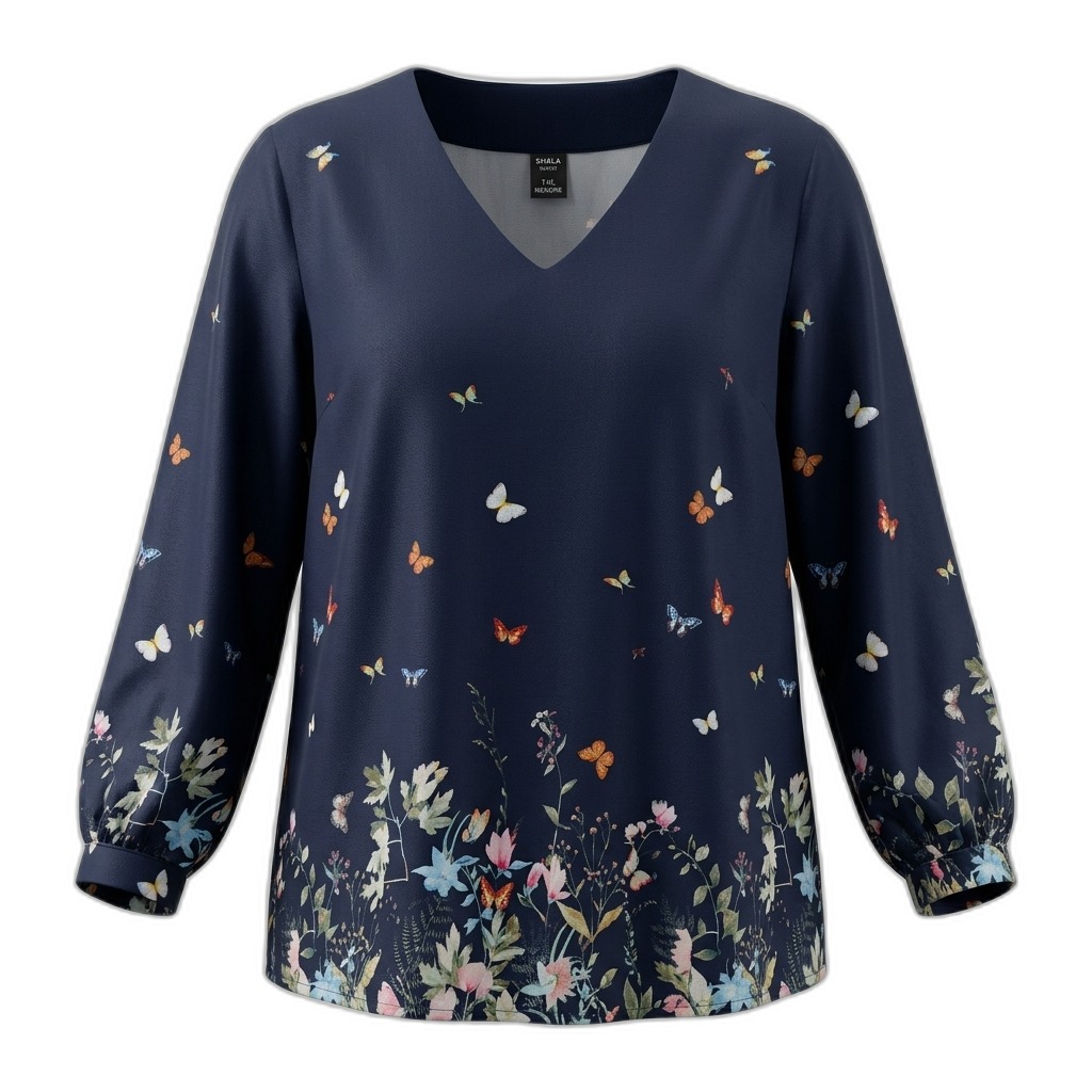 Women's Navy Blue Butterfly Floral V-Neck Blouse