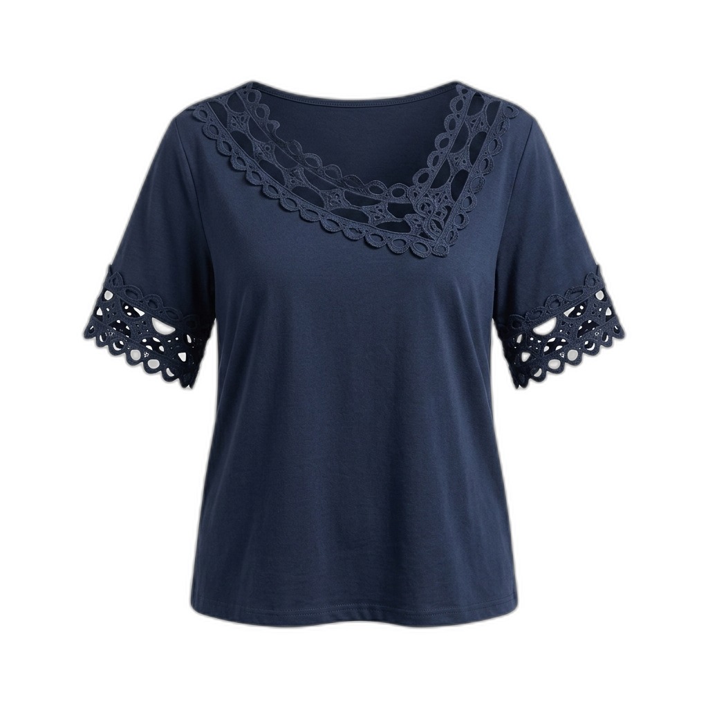 Women's Navy Blue Lace V-Neck T-Shirt