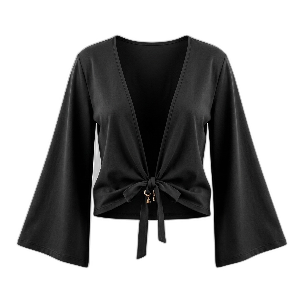 Black Tie-Front Bell Sleeve Crop Top for Women