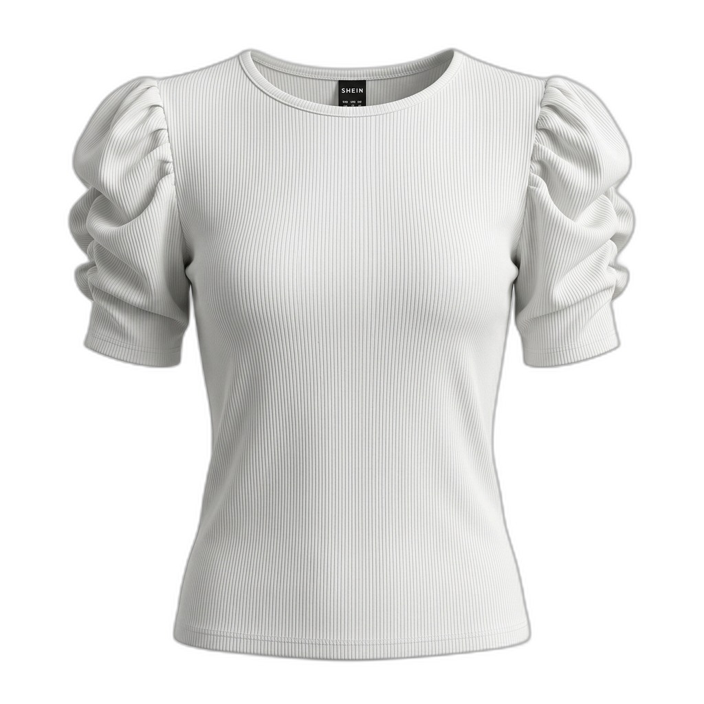 White Ribbed Puff Sleeve Top for Women