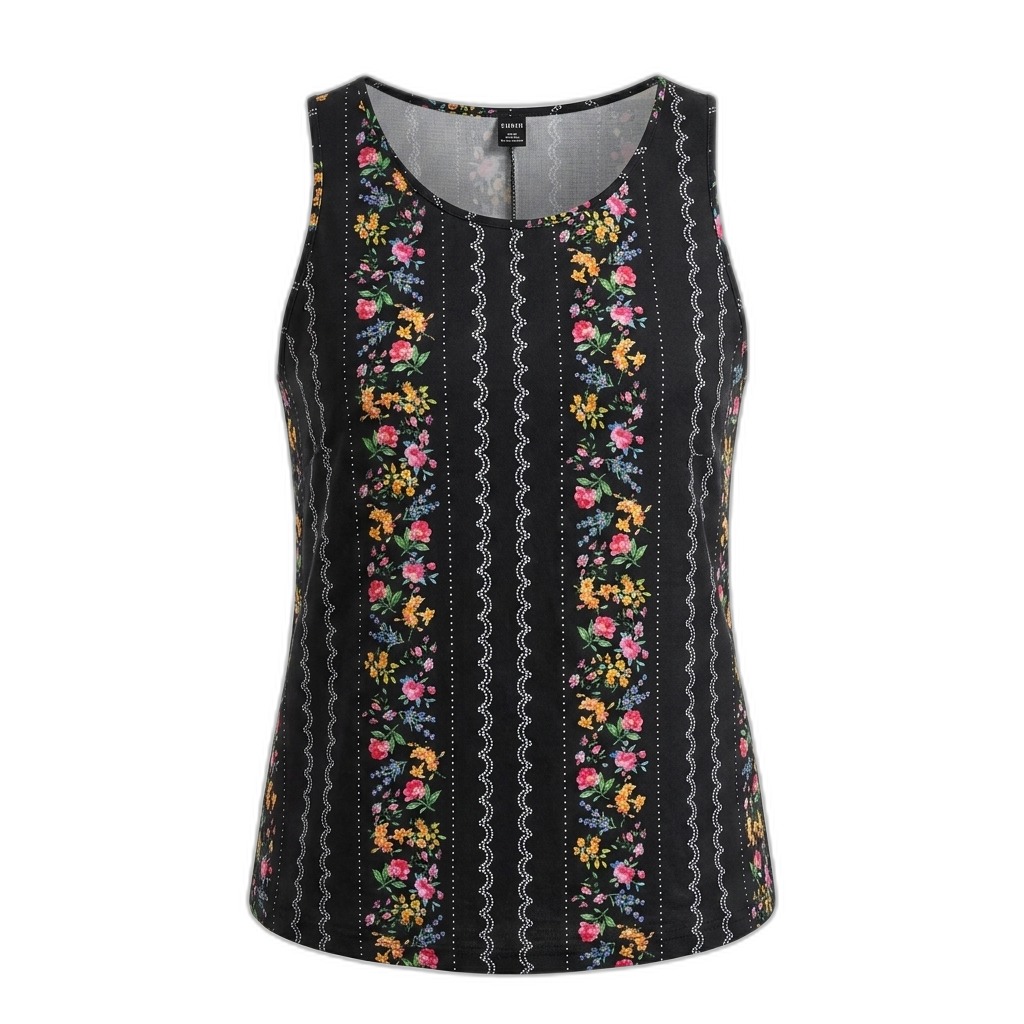 Black Floral Striped Sleeveless Top for Women