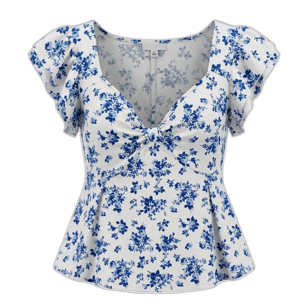 Women's Blue Floral Peplum Top with Ruffle Sleeves