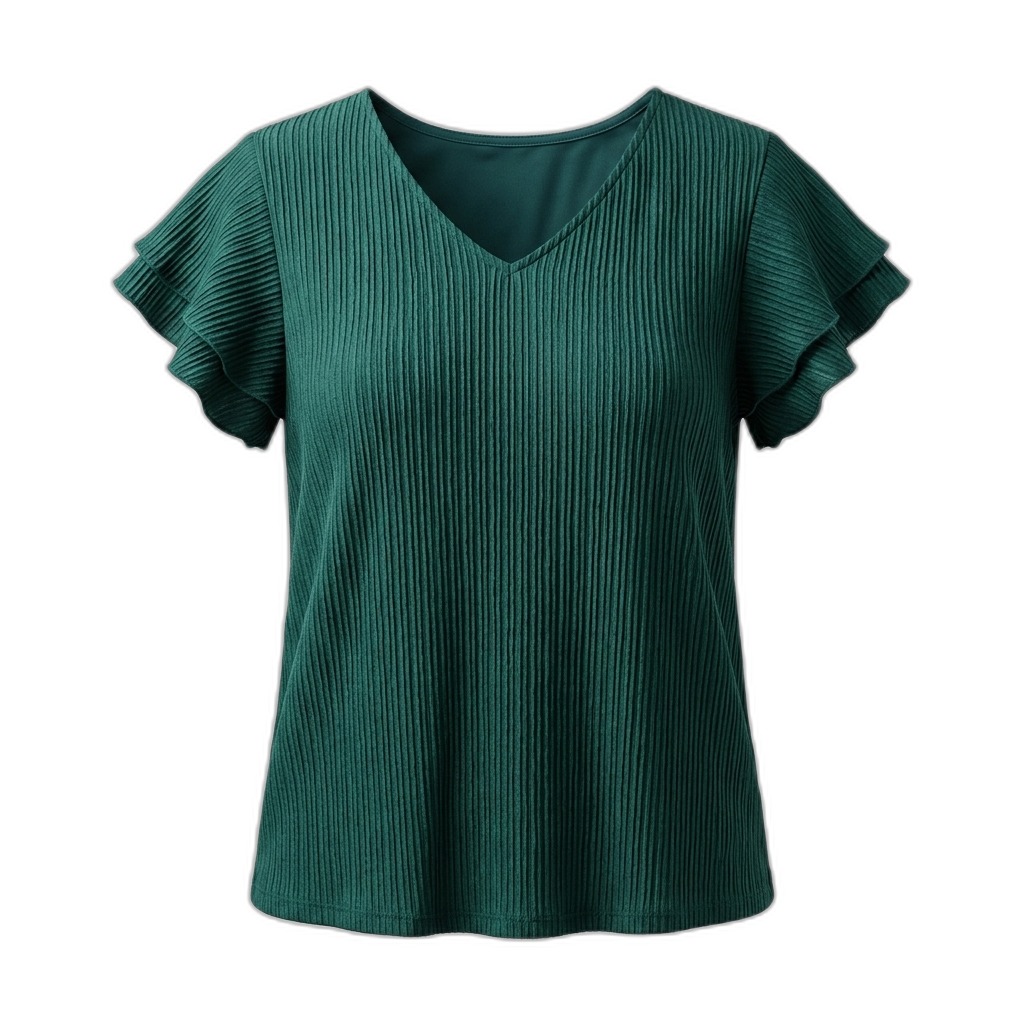 Ribbed V-Neck Ruffle Sleeve Top for Women