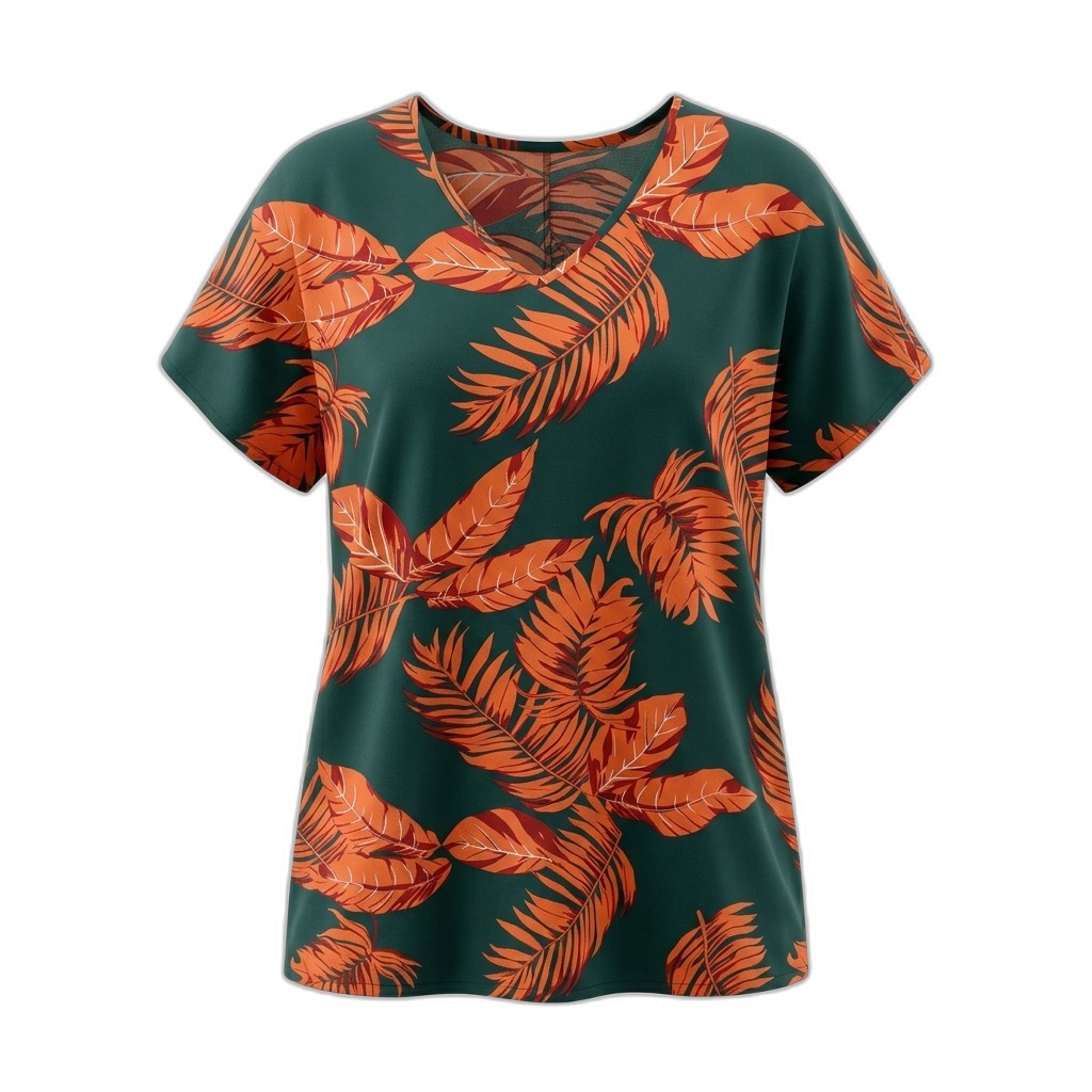 Tropical Leaf Print V-Neck Top for Women