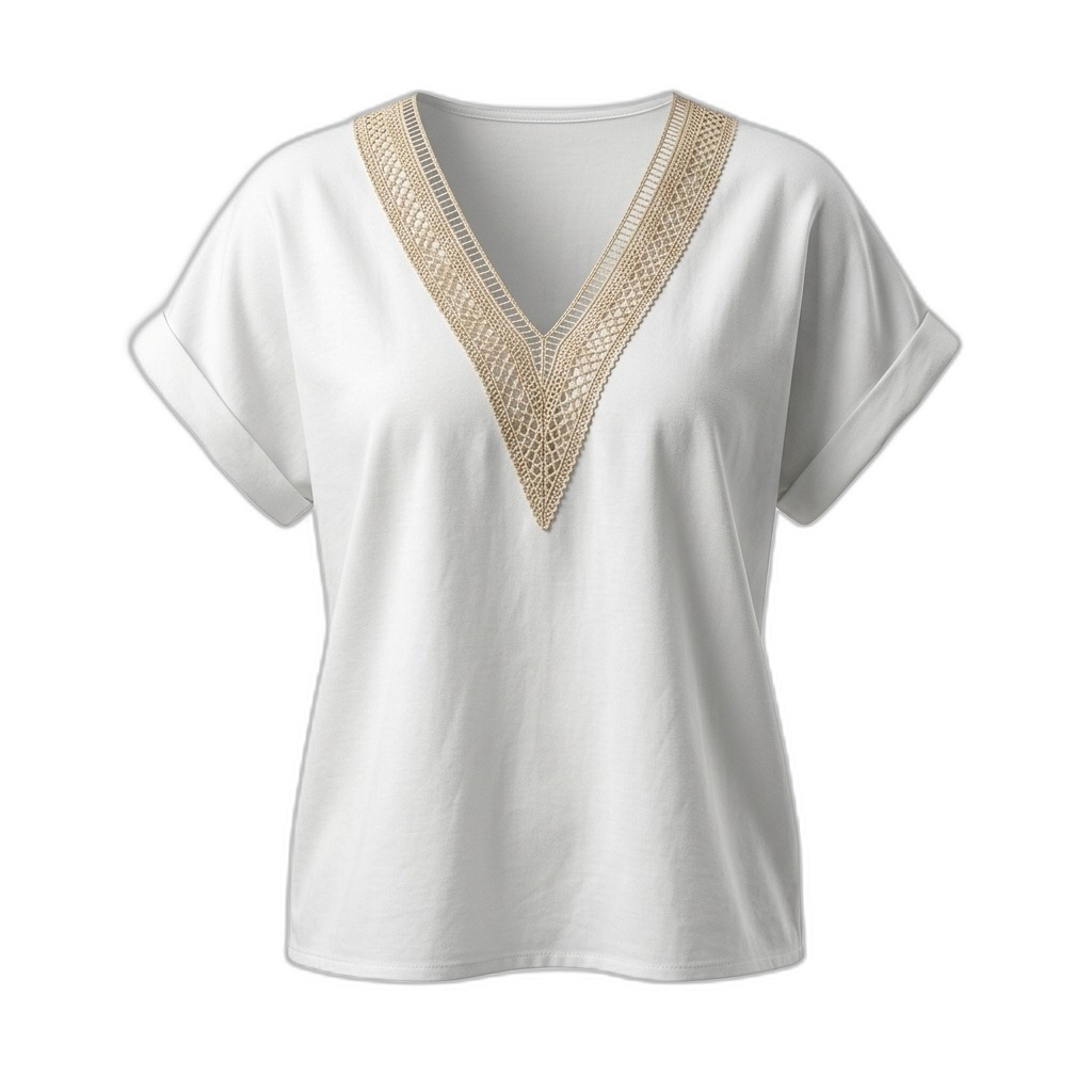Women's White V-Neck Crochet Trim T-Shirt
