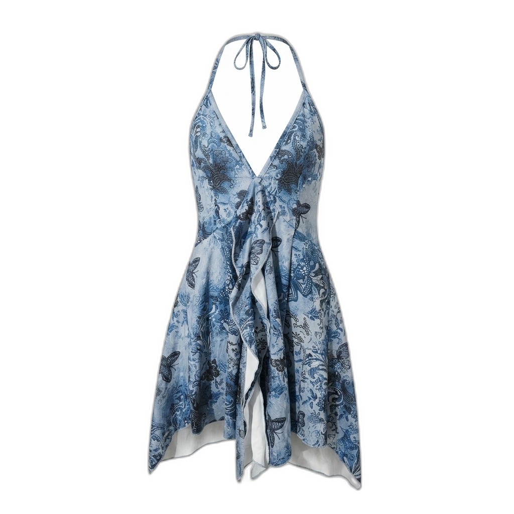 Halter Neck Ruffled Butterfly Print Dress