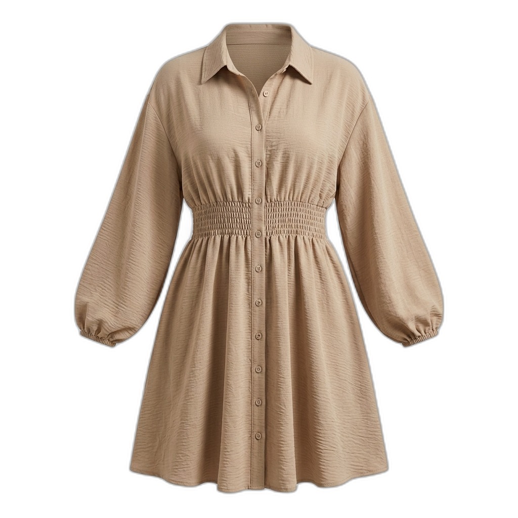 Beige Shirred Waist Button-Front Dress