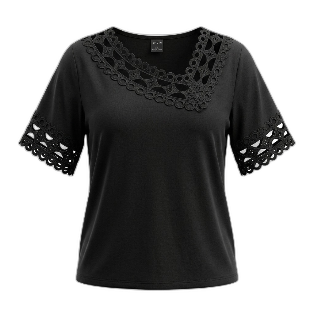 Elegant Black V-Neck Cutout Lace Trim Top
