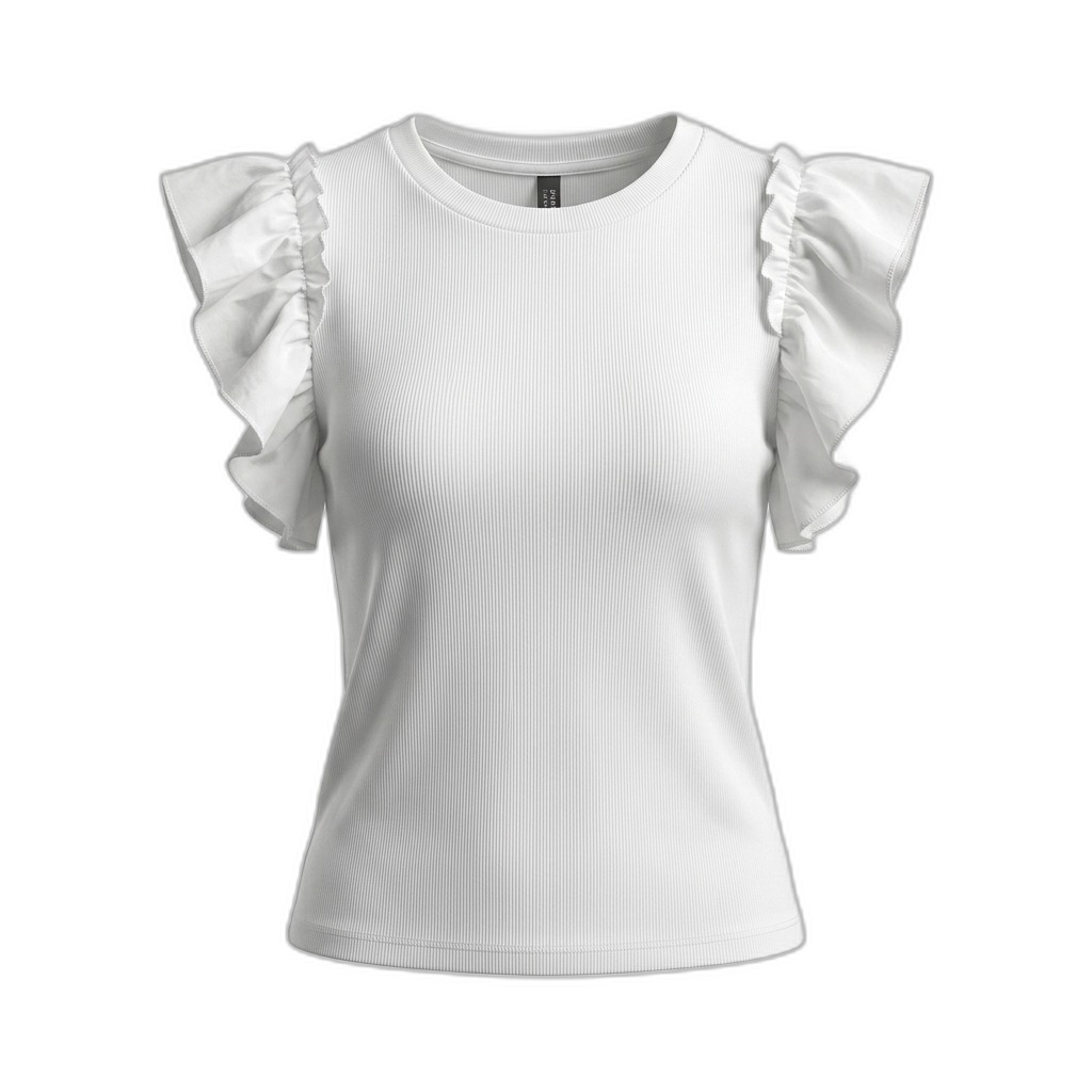 White Ribbed Ruffle Sleeve Top for Women