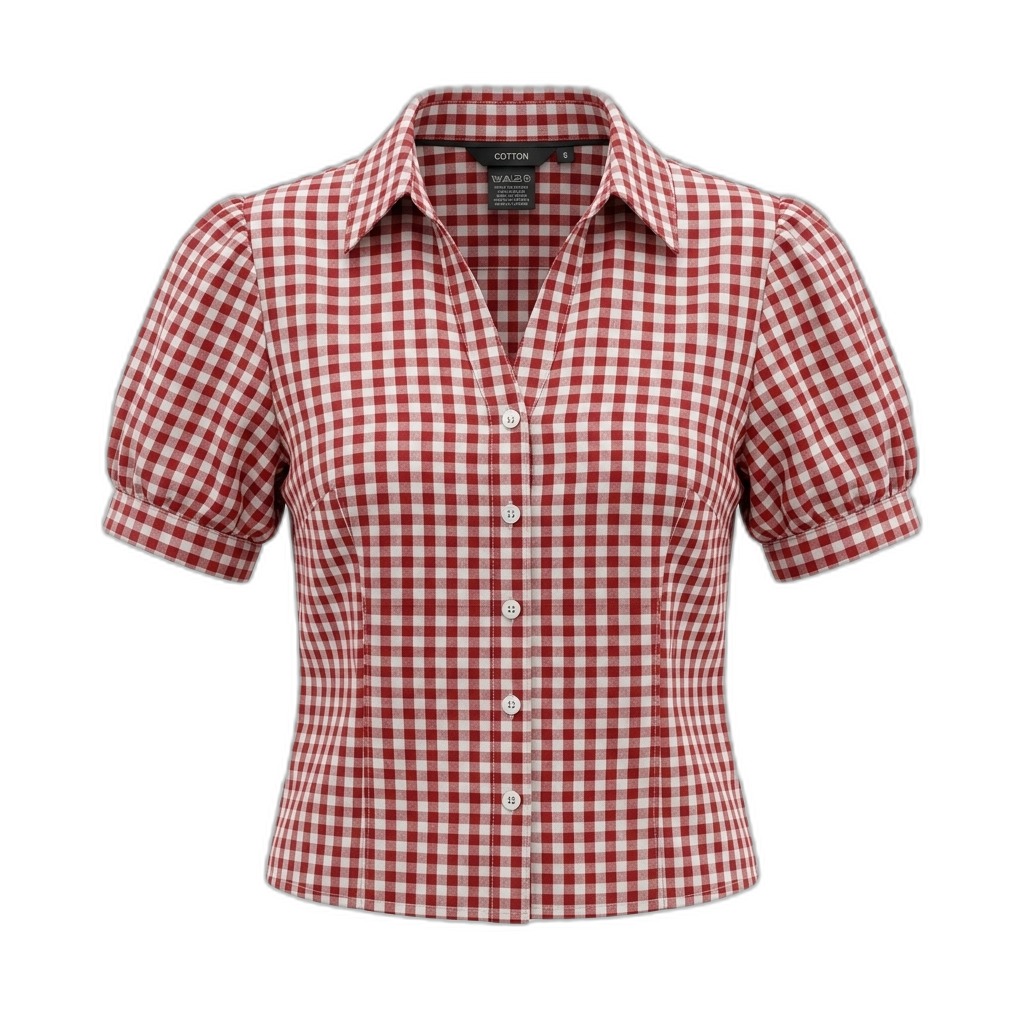Women's Gingham Check Cotton Puff Sleeve Shirt