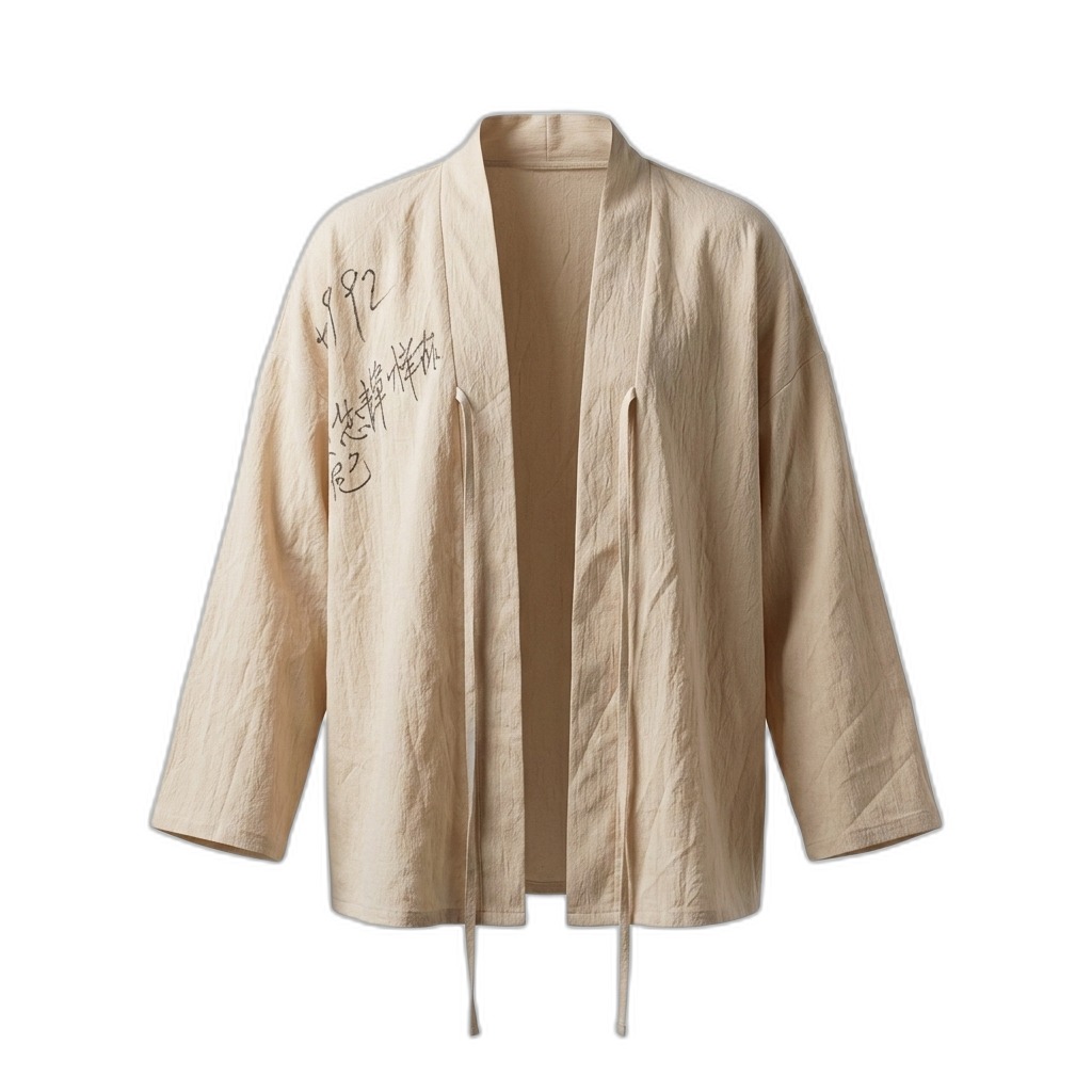 Men's Beige Kimono Cardigan with Calligraphy