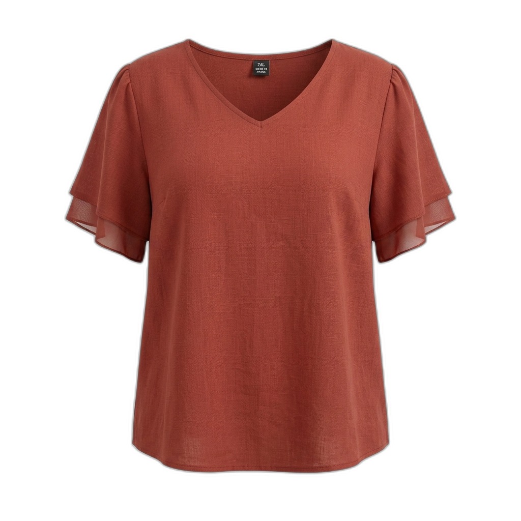 Women's Rust V-Neck Ruffle Sleeve Top