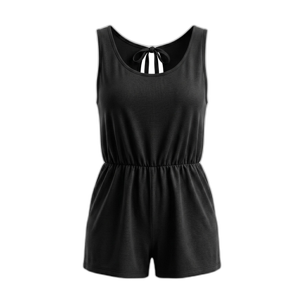 Black Sleeveless Tie-Back Romper for Women
