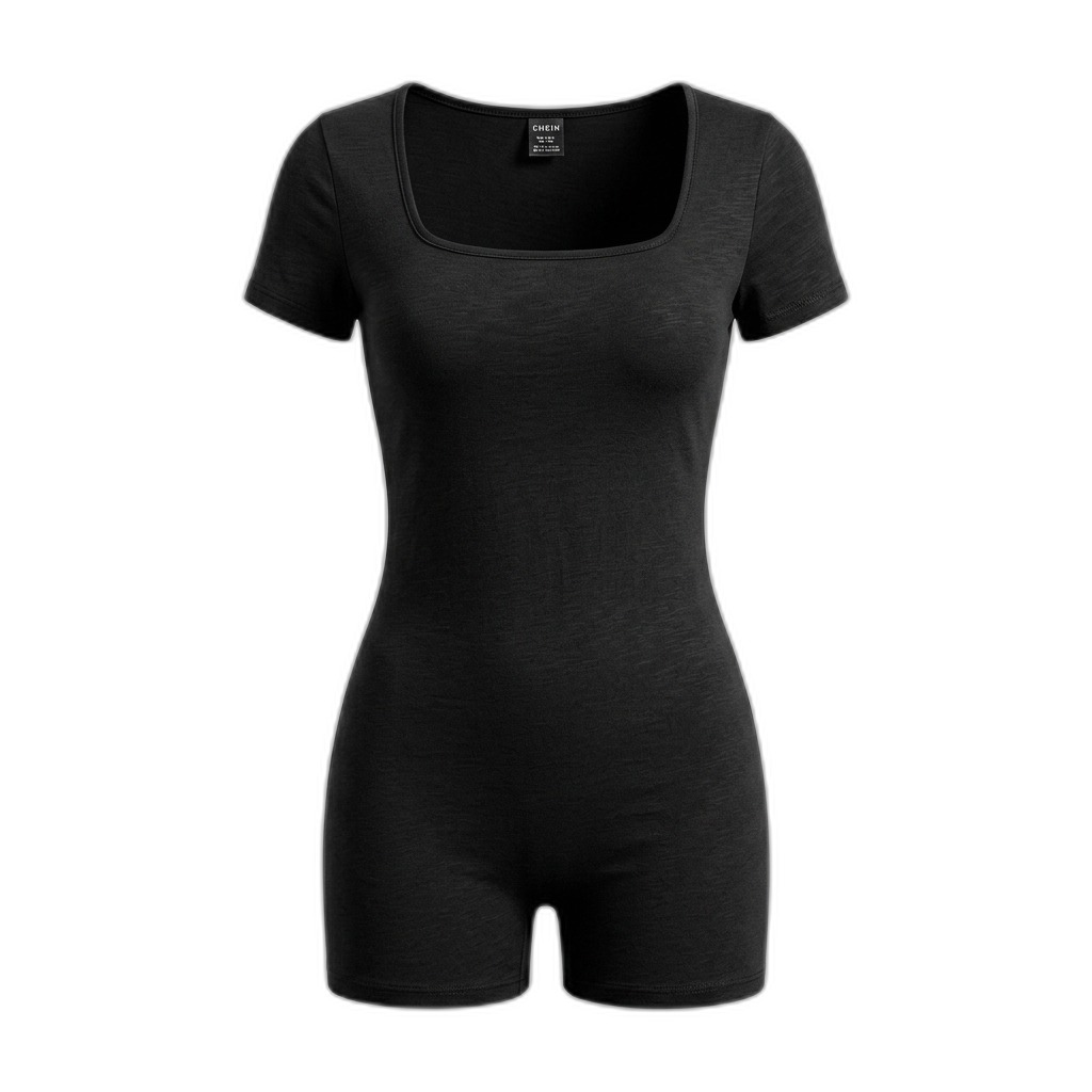 Black Square Neck Short Sleeve Romper for Women