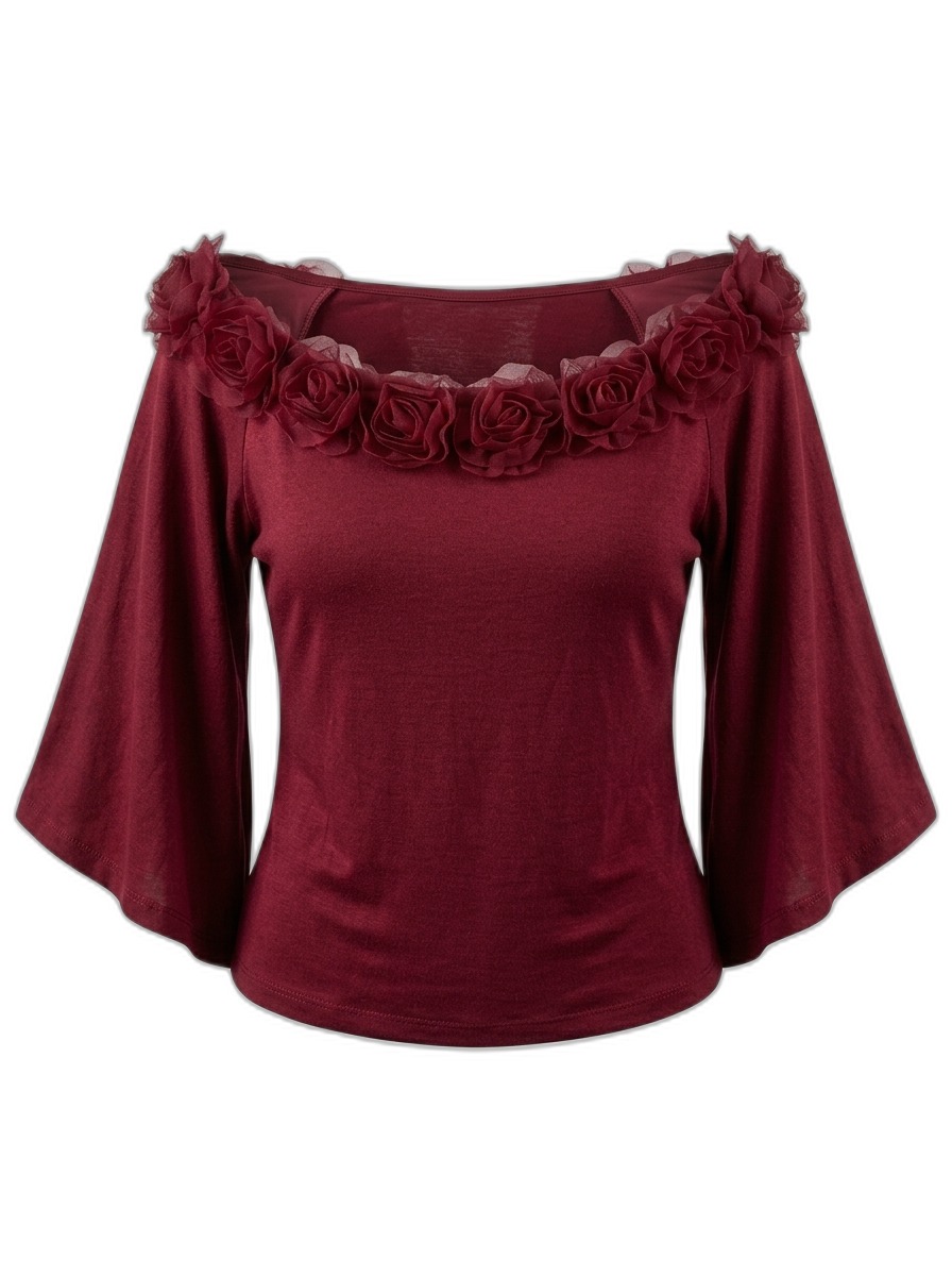 Women's Maroon Off-Shoulder Floral Top