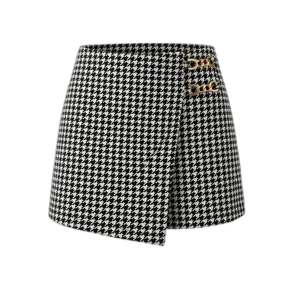 Houndstooth Asymmetrical Mini Skirt with Chain