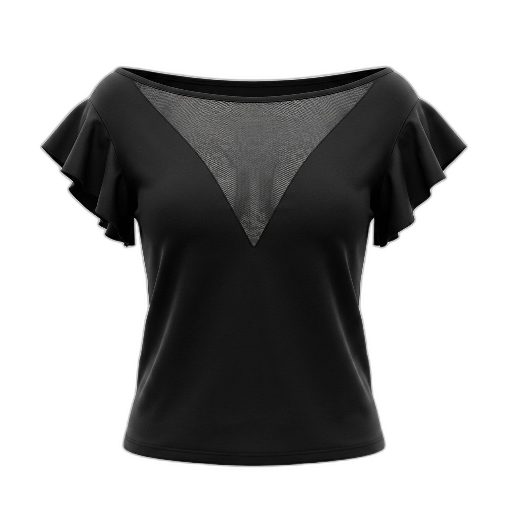Women's Black Mesh Ruffle Sleeve Top