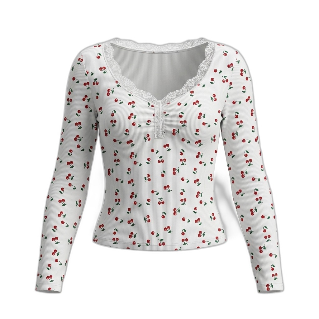 Cherry Print Ribbed Long Sleeve Top for Women